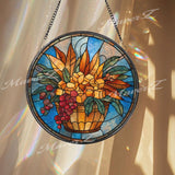 Autumn Harvest Stained Glass Suncatcher, Round Basket with Golden Leaves and Grapes Window Panel, Fall Floral Glass Art Decor