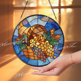 Harvest Cornucopia Stained Glass Suncatcher, Round Fall Basket Window Panel with Grapes and Leaves, Autumn Thanksgiving Decor