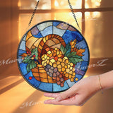 Harvest Cornucopia Stained Glass Suncatcher, Round Fall Basket Window Panel with Grapes and Leaves, Autumn Thanksgiving Decor