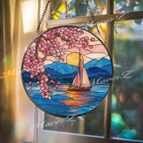 Sailboat Sunset Stained Glass Suncatcher, Round Lake Window Panel with Pink Cherry Blossoms, Ocean Horizon Art Home Decor