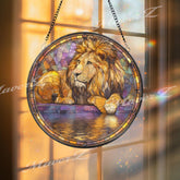 Majestic Lion Stained Glass Suncatcher, Round Safari King Window Panel with Golden Mane and Reflection, Wildlife Art Decor