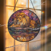 Lion Reflection Stained Glass Suncatcher, Round Safari King Window Panel with Golden Mane and Water Mirror, Wildlife Art Decor