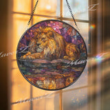 Lion Reflection Stained Glass Suncatcher, Round Safari King Window Panel with Golden Mane and Water Mirror, Wildlife Art Decor