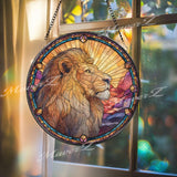 Lion Majesty Stained Glass Suncatcher, Round Golden Mane Window Panel with Sunrise Rays, Regal Wildlife Art Home Decor