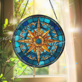 Nautical Compass Stained Glass Suncatcher, Round Blue and Gold Window Panel, Maritime Navigation Rose Home Decor Gift