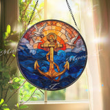 Anchor and Waves Stained Glass Suncatcher, Round Nautical Window Panel with Seagulls and Sunset, Coastal Ocean Home Decor