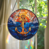 Anchor and Waves Stained Glass Suncatcher, Round Nautical Window Panel with Seagulls and Sunset, Coastal Ocean Home Decor