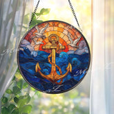 Anchor and Waves Stained Glass Suncatcher, Round Nautical Window Panel with Seagulls and Sunset, Coastal Ocean Home Decor