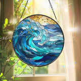 Ocean Wave Stained Glass Suncatcher, Round Blue Sea Window Panel with Stars and Gold Accents, Coastal Nautical Home Decor