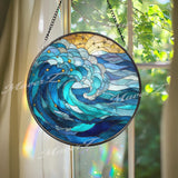 Ocean Wave Stained Glass Suncatcher, Round Blue Sea Window Panel with Stars and Gold Accents, Coastal Nautical Home Decor