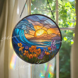 Sunset Wave Stained Glass Suncatcher, Round Ocean Window Panel with Flowers and Mountains, Coastal Nature Home Decor Gift