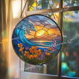 Sunset Wave Stained Glass Suncatcher, Round Ocean Window Panel with Flowers and Mountains, Coastal Nature Home Decor Gift