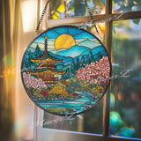 Pagoda Garden Stained Glass Suncatcher, Round Japanese Temple Window Panel with Cherry Blossoms and River, Zen Home Decor