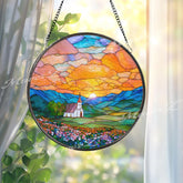 Sunrise Church Stained Glass Suncatcher, Round Mountain Window Panel with Floral Field and Golden Sky, Faith Home Decor Gift