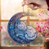 Celestial Cat Acrylic Suncatcher, Sleeping Kitten on Moon Window Hanging, Galaxy Night Sky Art, Cosmic Acrylic Home Decor Gift