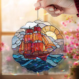 Sailing Ship Acrylic Suncatcher, Ocean Waves and Sunset Window Hanging, Nautical Art Decor, Maritime Acrylic Gift for Sea Lovers