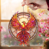 Phoenix Rising Acrylic Suncatcher, Fiery Bird Round Window Hanging, Mythical Creature Art, Red Orange Flame Acrylic Home Decor