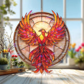 Phoenix Rising Acrylic Suncatcher, Fiery Bird Round Window Hanging, Mythical Creature Art, Red Orange Flame Acrylic Home Decor