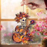 Skeleton Guitarist Acrylic Suncatcher, Day of the Dead Woman Window Hanging, Floral Mexican Art, Colorful Acrylic Home Decor Gift