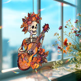 Skeleton Guitarist Acrylic Suncatcher, Day of the Dead Woman Window Hanging, Floral Mexican Art, Colorful Acrylic Home Decor Gift