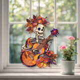 Skeleton Guitarist Acrylic Suncatcher, Day of the Dead Woman Window Hanging, Floral Mexican Art, Colorful Acrylic Home Decor Gift
