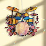 Yellow Drum Set Acrylic Suncatcher, Music Instrument Window Hanging, Floral Band Art, Colorful Musician Gift Acrylic Home Decor