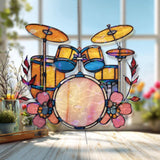 Yellow Drum Set Acrylic Suncatcher, Music Instrument Window Hanging, Floral Band Art, Colorful Musician Gift Acrylic Home Decor