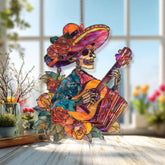 Skeleton Guitarist Acrylic Suncatcher, Day of the Dead Mariachi Window Hanging, Colorful Mexican Folk Art Acrylic Home Decor Gift