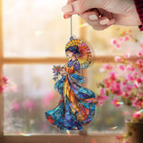 Oriental Lady Acrylic Suncatcher, Asian Woman with Parasol Window Hanging, Blue Gold Kimono Art, Elegant Acrylic Home Decor Gift