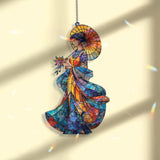 Oriental Lady Acrylic Suncatcher, Asian Woman with Parasol Window Hanging, Blue Gold Kimono Art, Elegant Acrylic Home Decor Gift