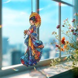 Oriental Lady Acrylic Suncatcher, Asian Woman with Parasol Window Hanging, Blue Gold Kimono Art, Elegant Acrylic Home Decor Gift