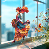 Harvest Lady Acrylic Suncatcher, Autumn Woman with Basket Window Hanging, Colorful Fall Art, Rustic Farmhouse Acrylic Home Decor