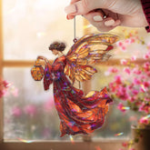 Autumn Angel Acrylic Suncatcher, Red and Gold Winged Woman Window Hanging, Harvest Fairy Art, Spiritual Acrylic Home Decor Gift