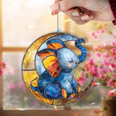 Baby Elephant on Moon Acrylic Suncatcher, Blue and Gold Animal Window Hanging, Nursery Decor, Cute Acrylic Gift for Kids Room