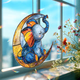 Baby Elephant on Moon Acrylic Suncatcher, Blue and Gold Animal Window Hanging, Nursery Decor, Cute Acrylic Gift for Kids Room
