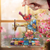 Sewing Machine Acrylic Suncatcher, Red Cardinal and Floral Window Hanging, Quilter Gift, Sewing Room Acrylic Art Home Decor