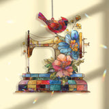 Sewing Machine Acrylic Suncatcher, Red Cardinal and Floral Window Hanging, Quilter Gift, Sewing Room Acrylic Art Home Decor