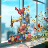 Sewing Machine Acrylic Suncatcher, Red Cardinal and Floral Window Hanging, Quilter Gift, Sewing Room Acrylic Art Home Decor
