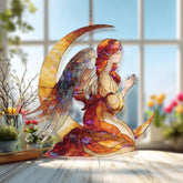 Angel on Crescent Moon Acrylic Suncatcher, Praying Guardian Angel Window Hanging, Celestial Spiritual Acrylic Home Decor Gift