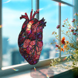 Anatomical Heart Acrylic Suncatcher, Red Stained Glass Style Organ with Candle Flame, Gothic Medical Anatomy Window Hanging Decor