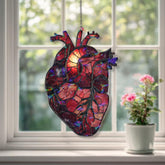 Anatomical Heart Acrylic Suncatcher, Red Stained Glass Style Organ with Candle Flame, Gothic Medical Anatomy Window Hanging Decor