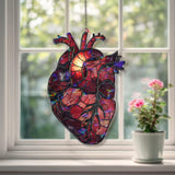 Anatomical Heart Acrylic Suncatcher, Red Stained Glass Style Organ with Candle Flame, Gothic Medical Anatomy Window Hanging Decor