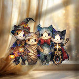 Halloween Cats Acrylic Suncatcher, Cute Kitty Group in Costumes Window Hanging, Witch Mummy Vampire Skeleton Holiday Home Decor Gift