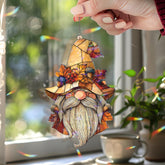 Autumn Gnome Acrylic Suncatcher, Fall Leaves and Acorns Window Hanging with Beard and Hat, Seasonal Rustic Home Decor Gift