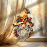 Autumn Gnome Acrylic Suncatcher, Fall Leaves and Acorns Window Hanging with Beard and Hat, Seasonal Rustic Home Decor Gift