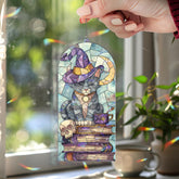 Witch Cat Acrylic Suncatcher, Magic Books and Moon Window Hanging with Skull and Cup, Gothic Halloween Mystic Home Decor Gift