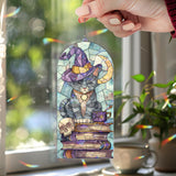 Witch Cat Acrylic Suncatcher, Magic Books and Moon Window Hanging with Skull and Cup, Gothic Halloween Mystic Home Decor Gift