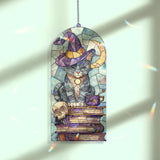 Witch Cat Acrylic Suncatcher, Magic Books and Moon Window Hanging with Skull and Cup, Gothic Halloween Mystic Home Decor Gift