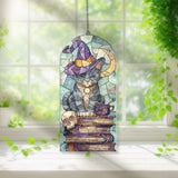 Witch Cat Acrylic Suncatcher, Magic Books and Moon Window Hanging with Skull and Cup, Gothic Halloween Mystic Home Decor Gift
