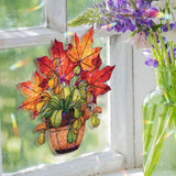 Autumn Leaves Acrylic Suncatcher, Fall Maple Leaf and Flower Pot Window Hanging, Seasonal Nature Home Decor Thanksgiving Gift